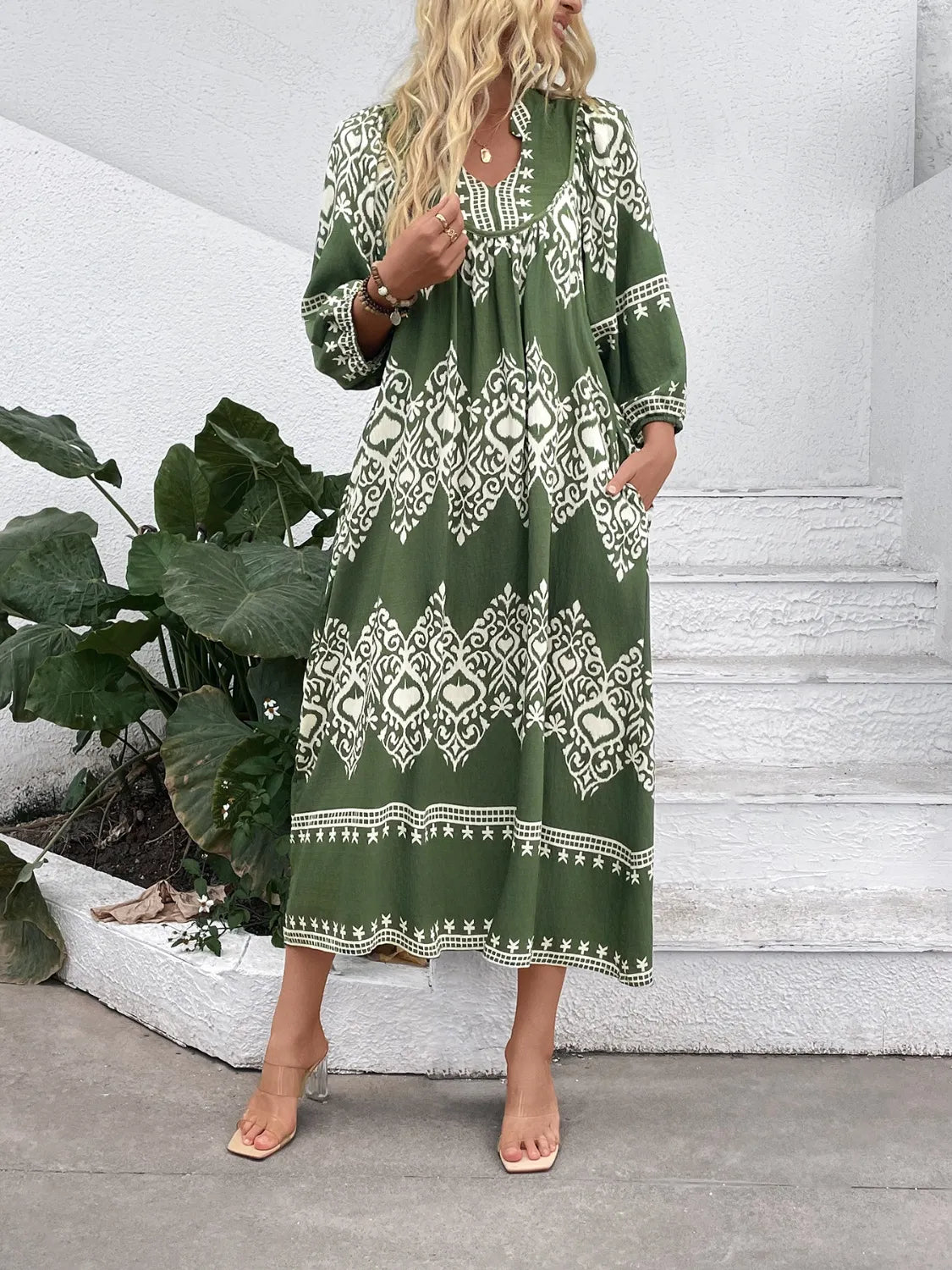 Printed Notched Midi Dress with Pockets.