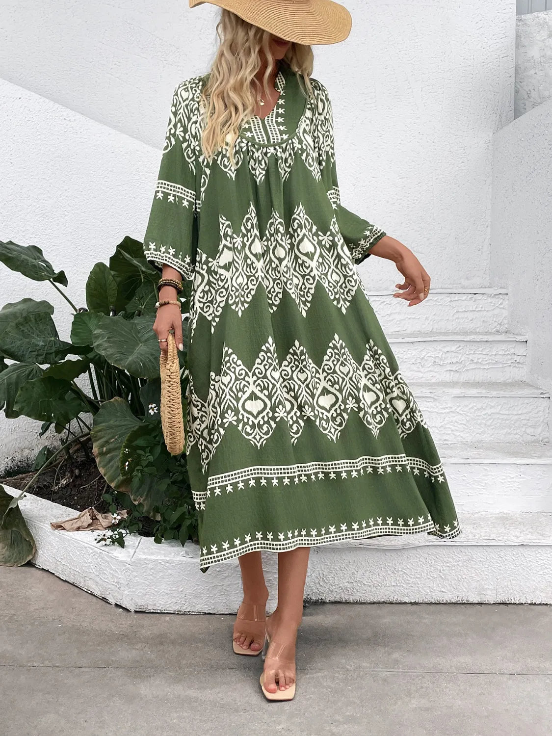 Printed Notched Midi Dress with Pockets.