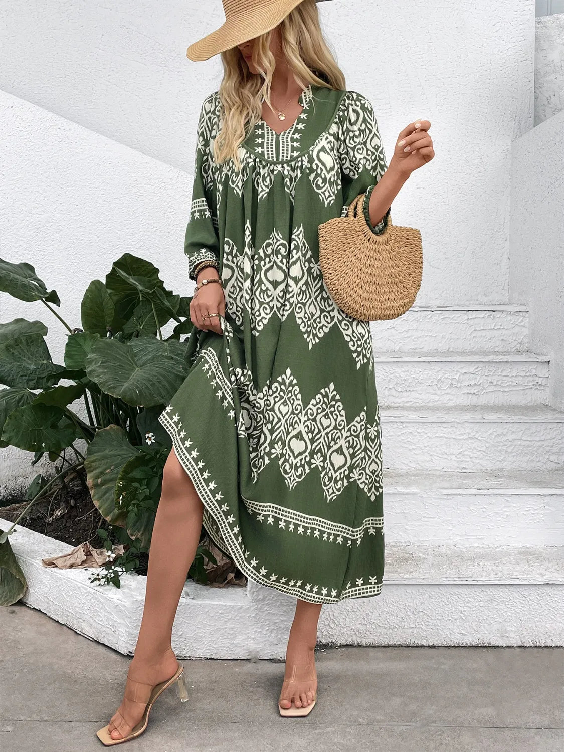 Printed Notched Midi Dress with Pockets.