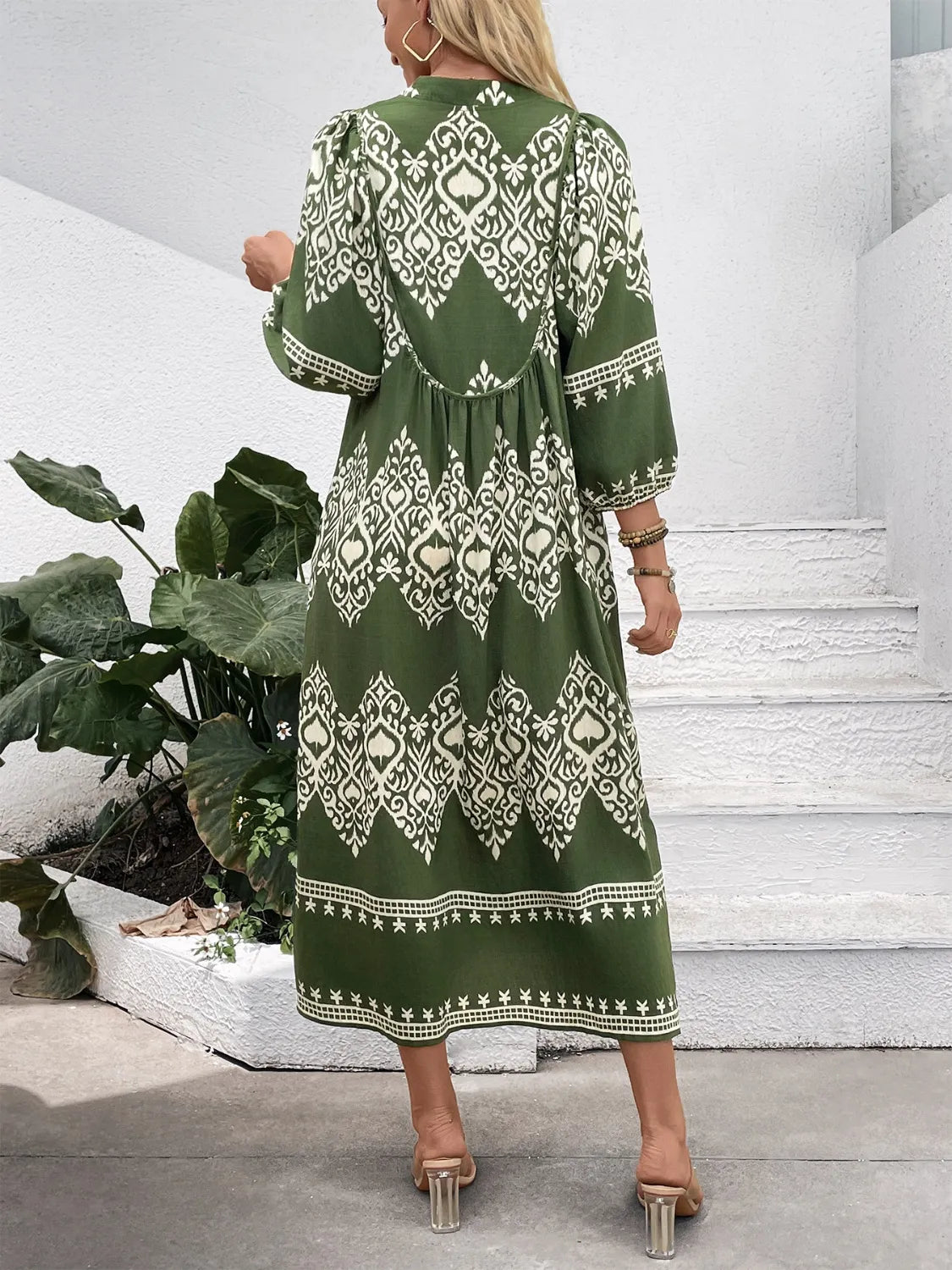 Printed Notched Midi Dress with Pockets.