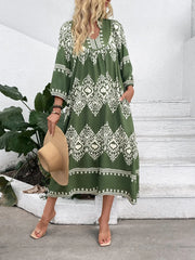 Printed Notched Midi Dress with Pockets.