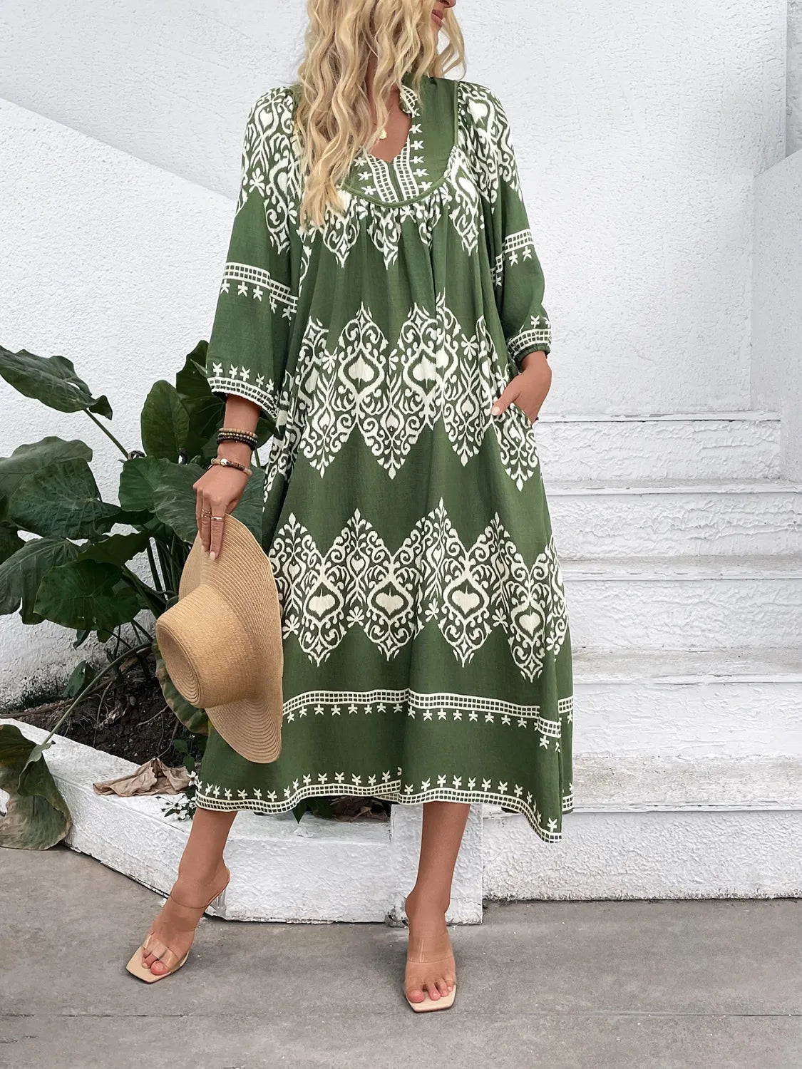 Printed Notched Midi Dress with Pockets.