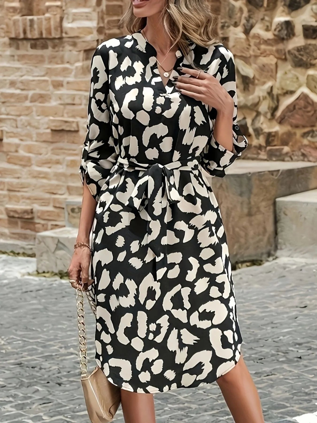 Printed Notched Midi Dress.