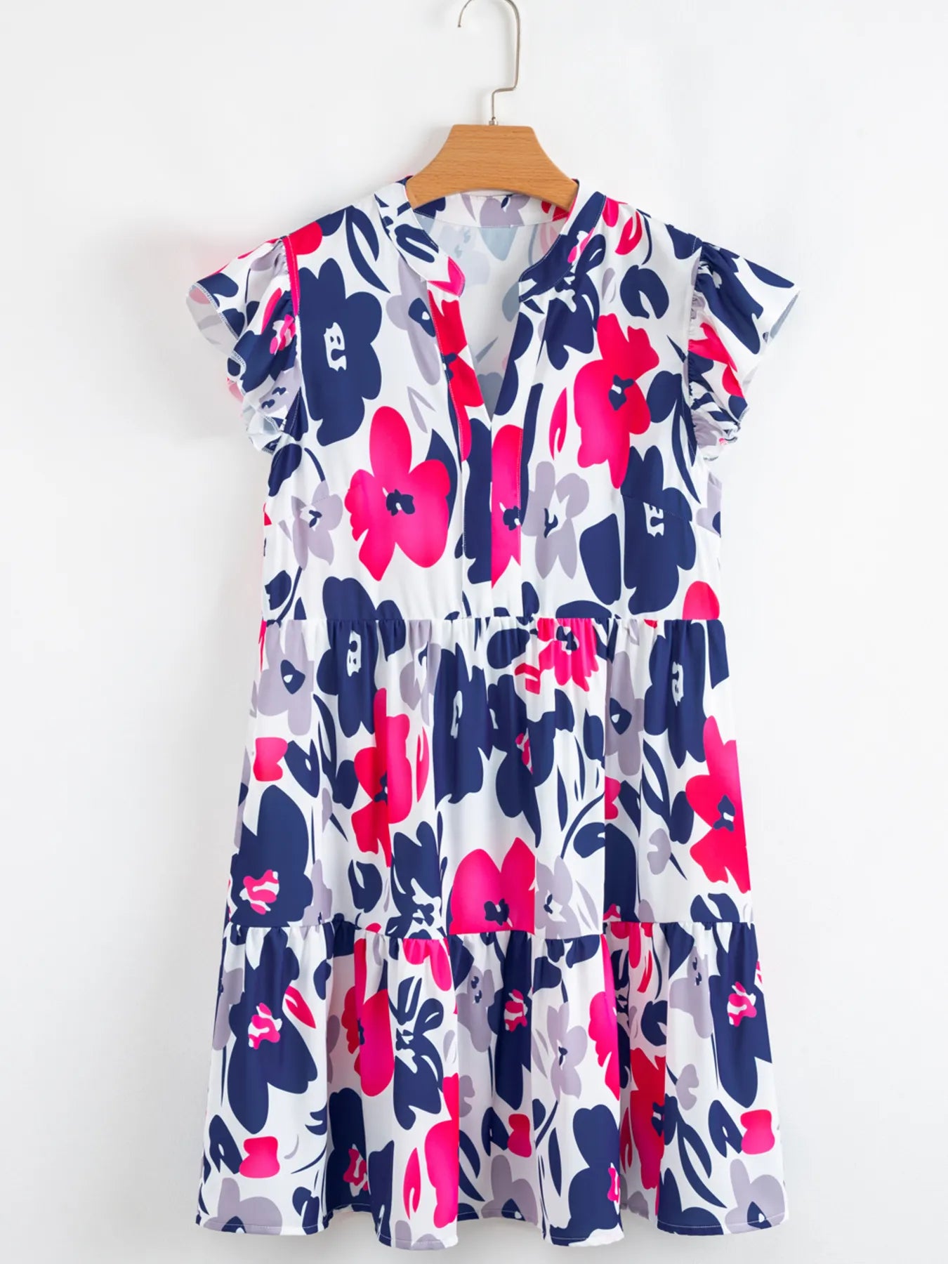 Printed Notched Neck Flutter Sleeve Mini Dress.