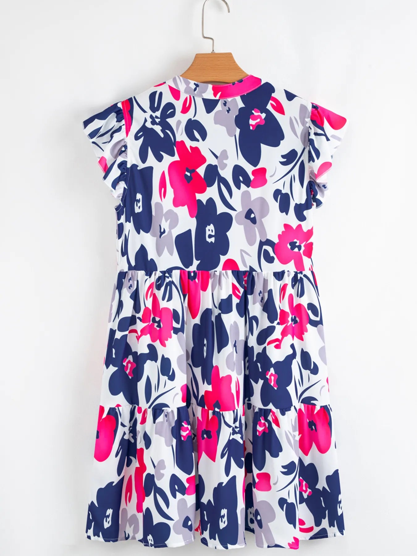 Printed Notched Neck Flutter Sleeve Mini Dress.