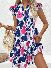 Printed Notched Neck Flutter Sleeve Mini Dress.