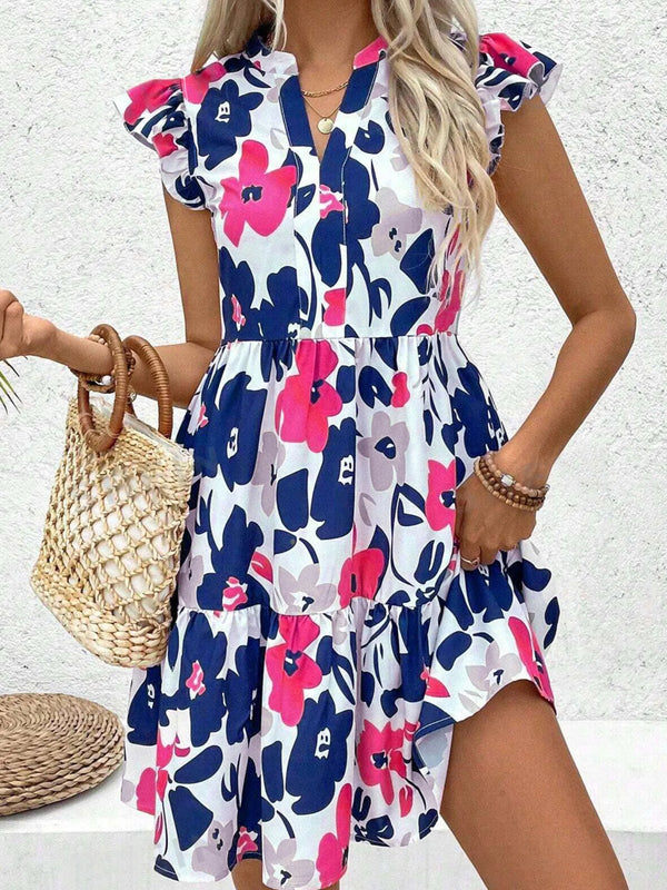 Printed Notched Neck Flutter Sleeve Mini Dress.