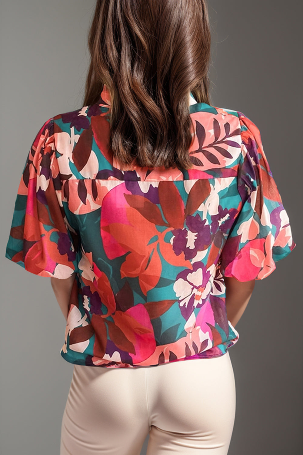 Printed Notched Puff Sleeve Blouse.