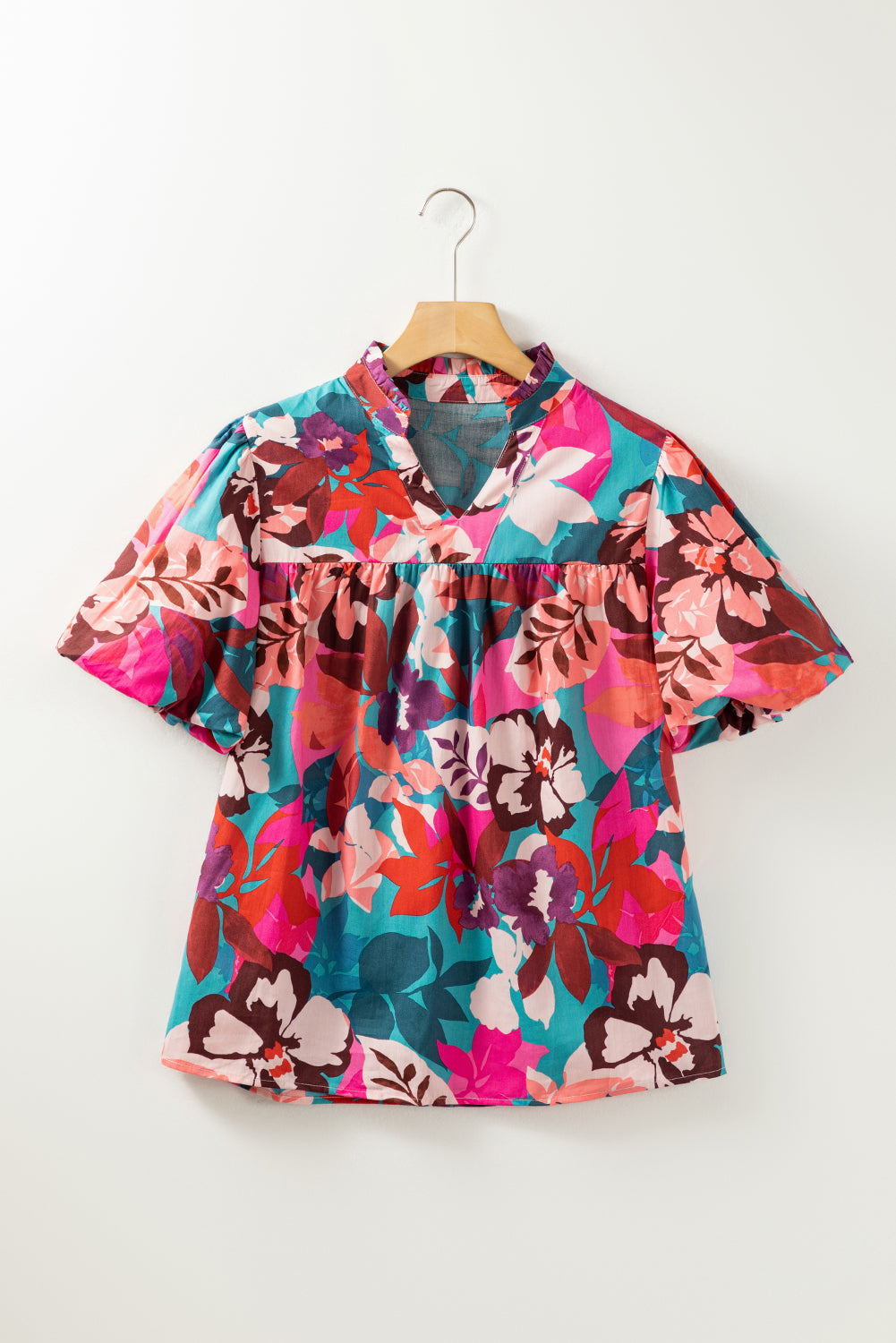 Printed Notched Puff Sleeve Blouse.