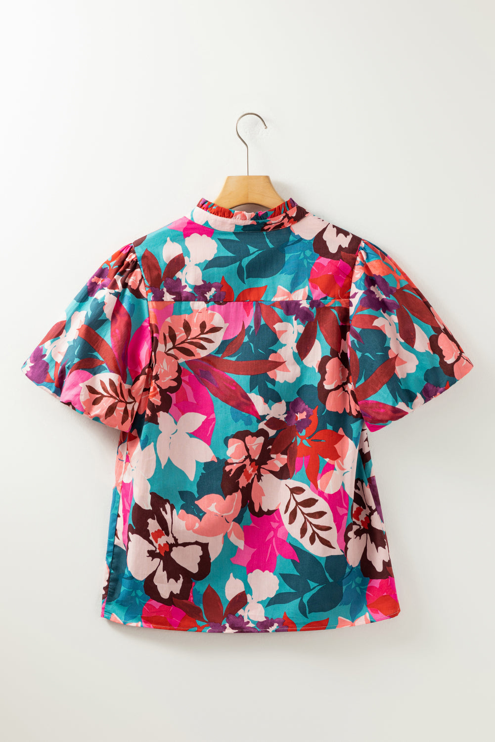 Printed Notched Puff Sleeve Blouse.