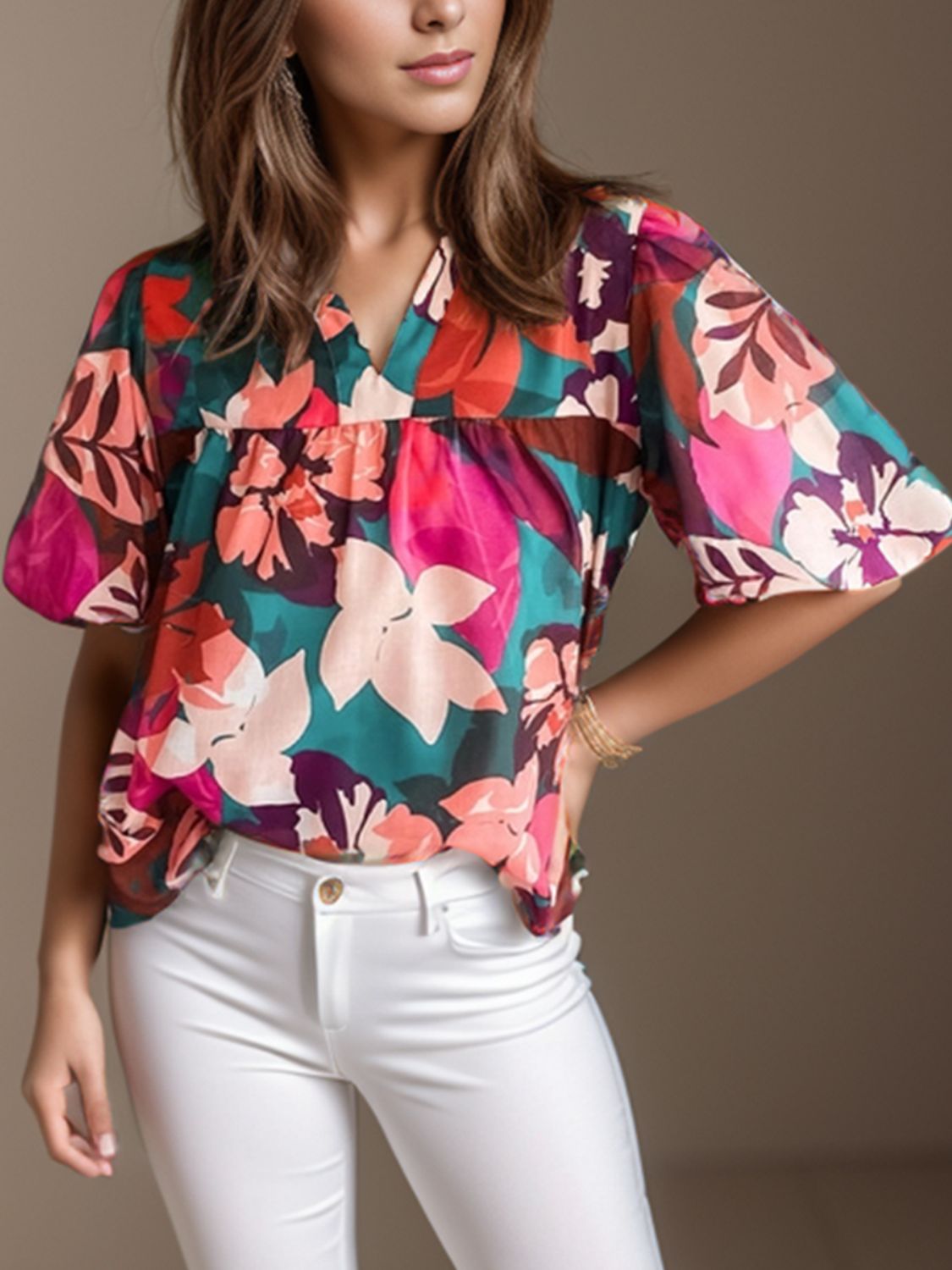 Printed Notched Puff Sleeve Blouse.