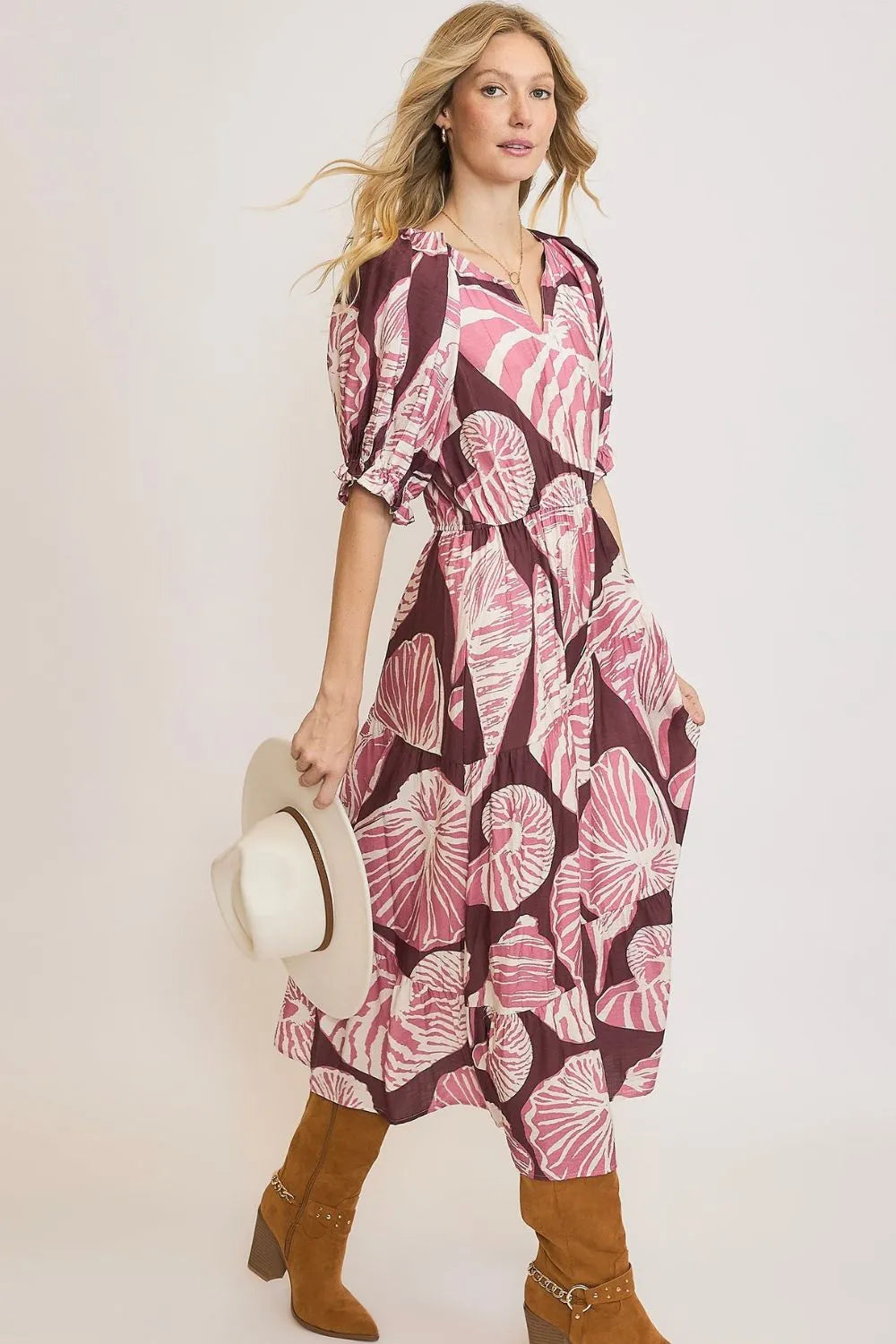 Umgee Full Size Printed Notched Puff Sleeve Midi Dress Plus Size.