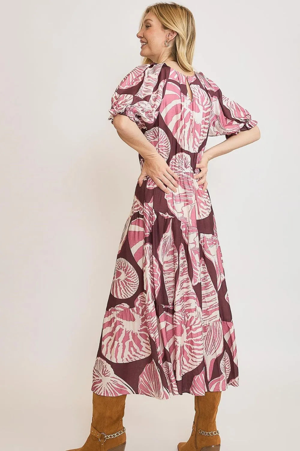 Umgee Full Size Printed Notched Puff Sleeve Midi Dress Plus Size.