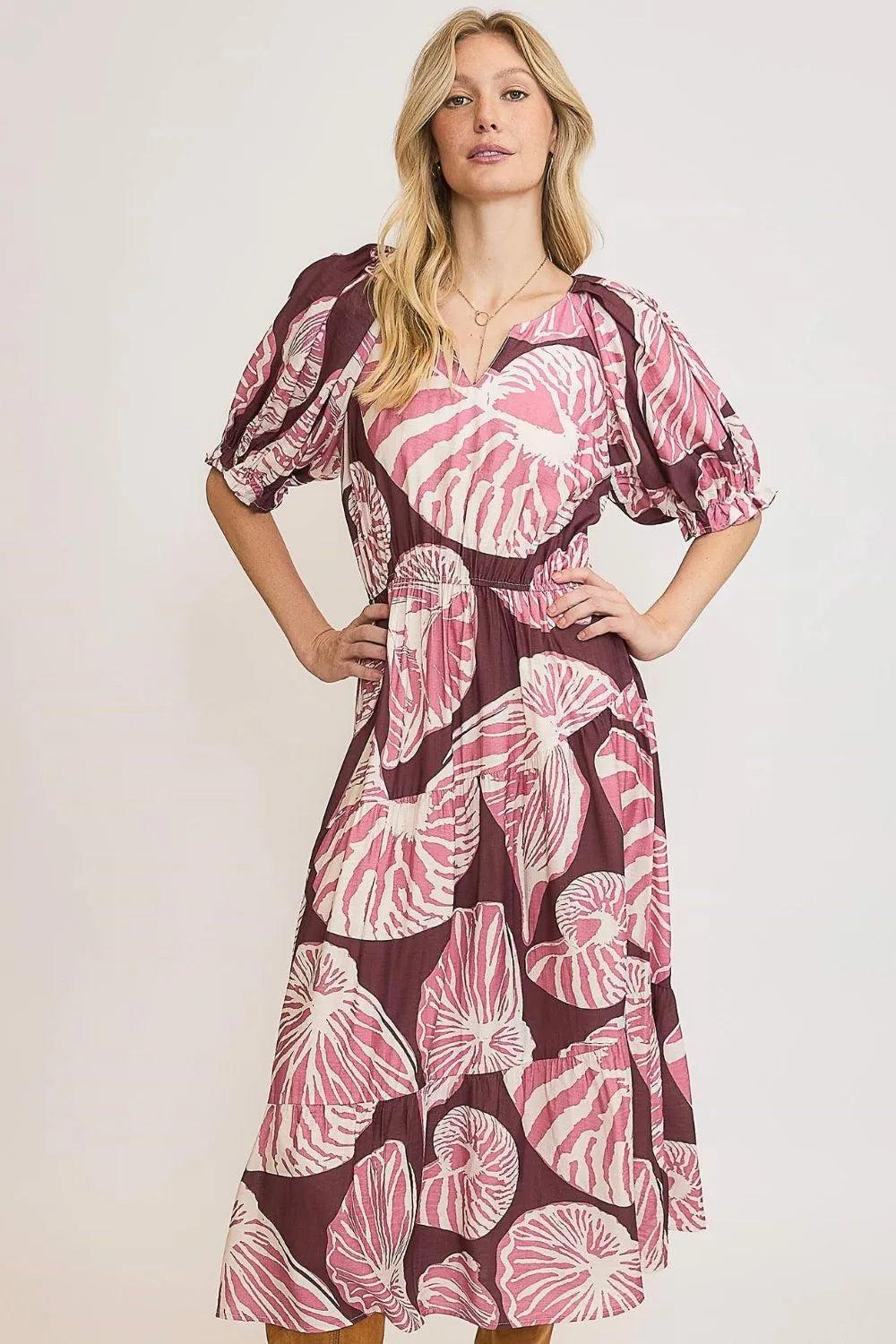Umgee Full Size Printed Notched Puff Sleeve Midi Dress Plus Size.