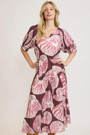 Umgee Full Size Printed Notched Puff Sleeve Midi Dress Plus Size.