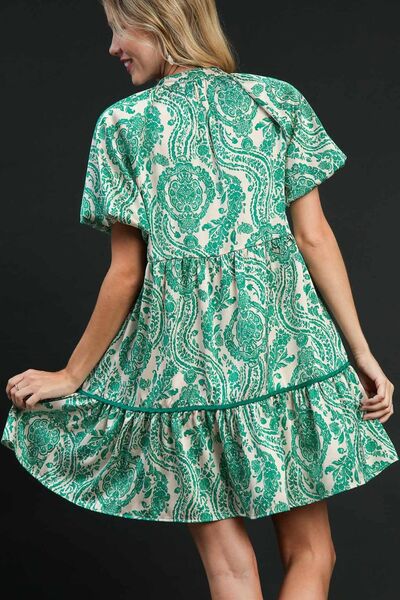 Umgee Full Size Printed Notched Puff Sleeve Mini Dress Plus Size.