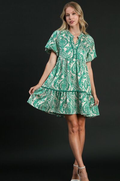Umgee Full Size Printed Notched Puff Sleeve Mini Dress Plus Size.