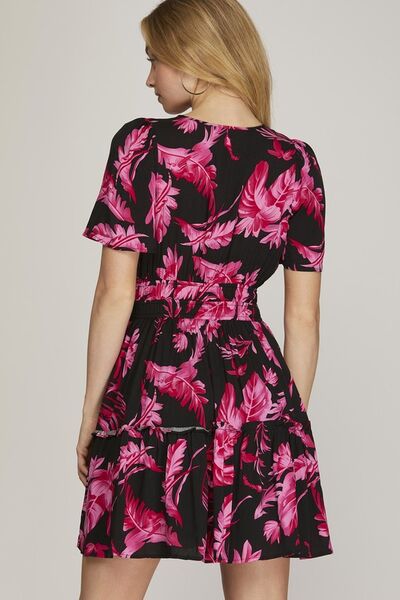 She Sky Full Size Printed Notched Short Sleeve Frill Tiered Dress Plus Size.