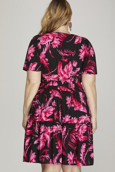 She Sky Full Size Printed Notched Short Sleeve Frill Tiered Dress Plus Size.