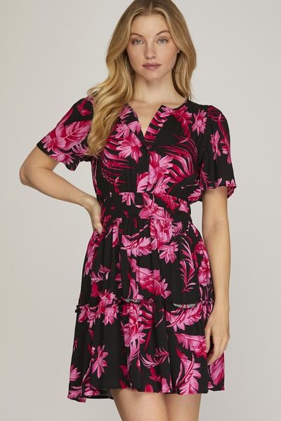She Sky Full Size Printed Notched Short Sleeve Frill Tiered Dress Plus Size.
