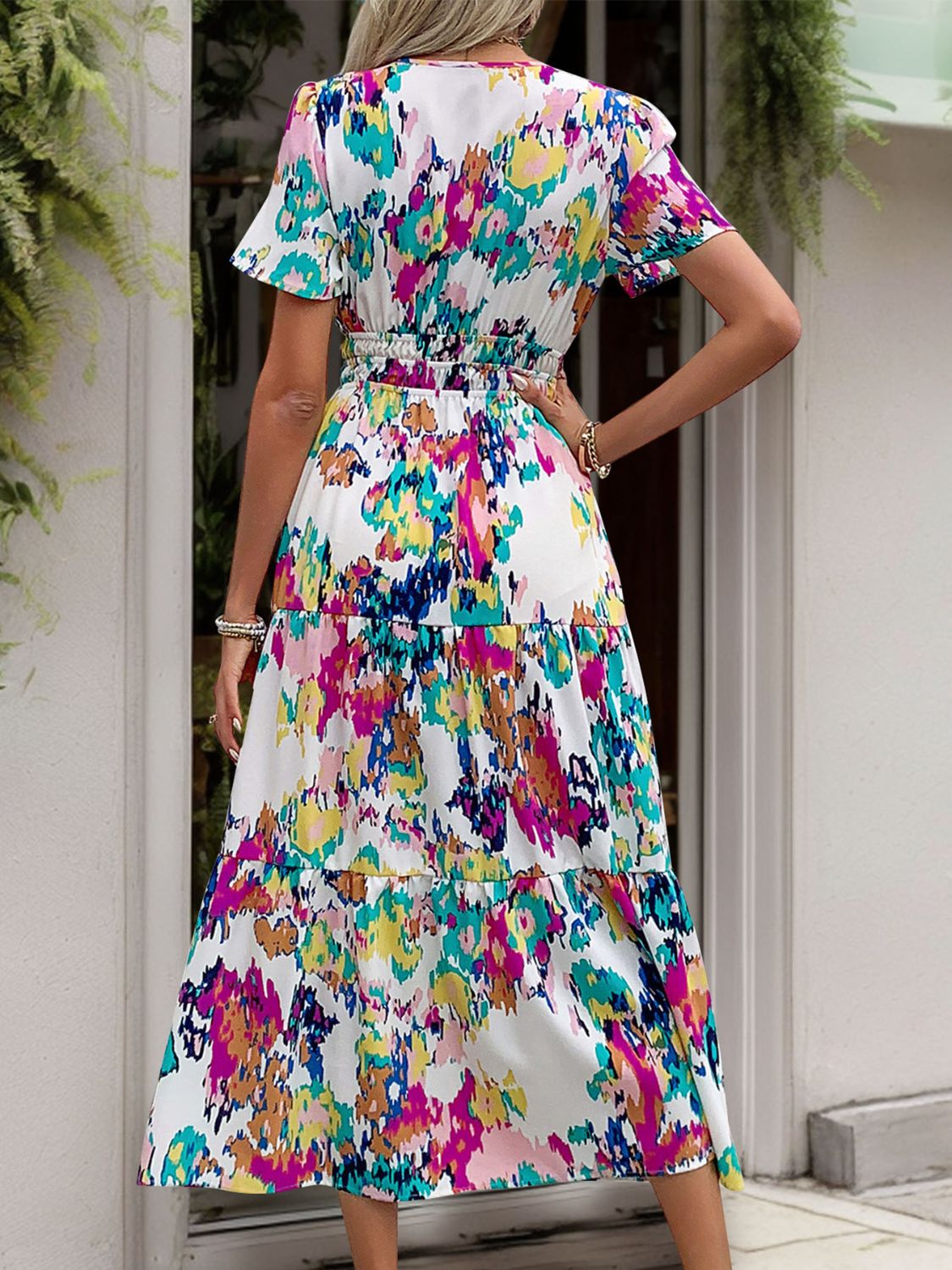Perfee Printed Notched Short Sleeve Midi Dress.