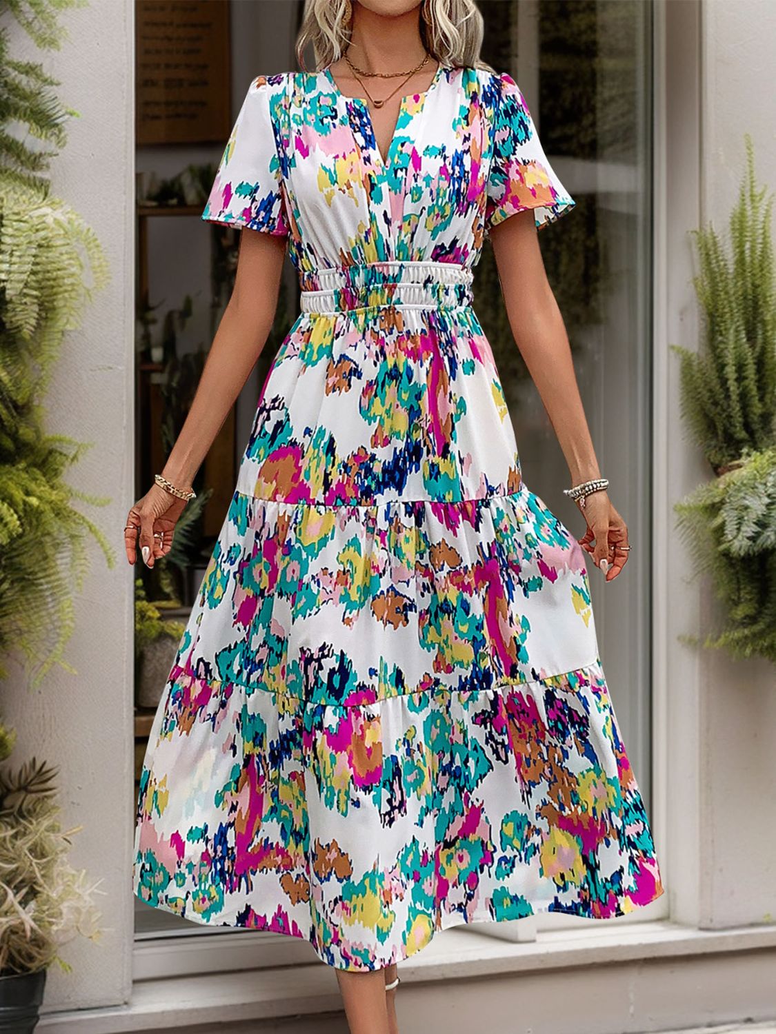 Perfee Printed Notched Short Sleeve Midi Dress.