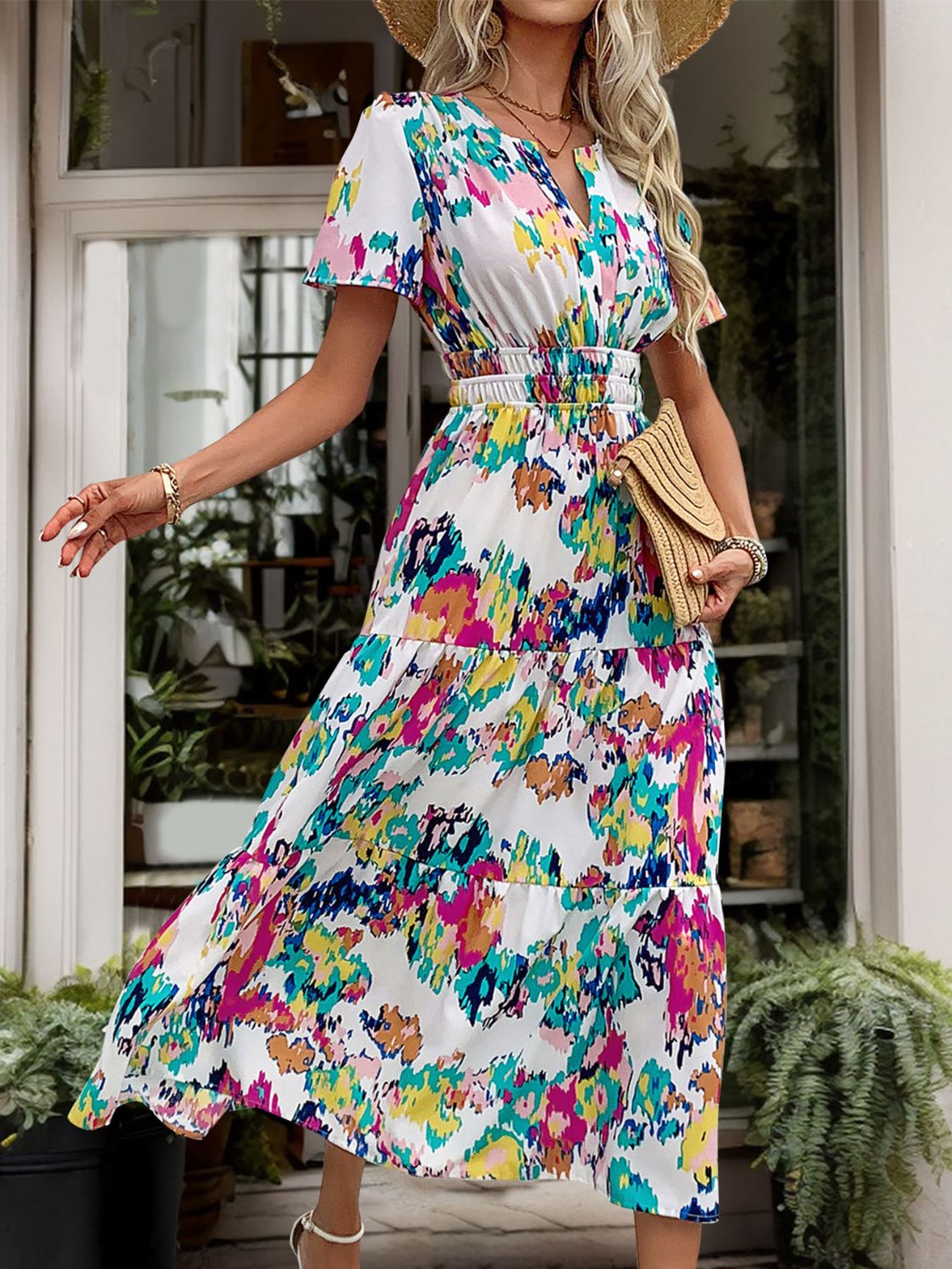 Perfee Printed Notched Short Sleeve Midi Dress.