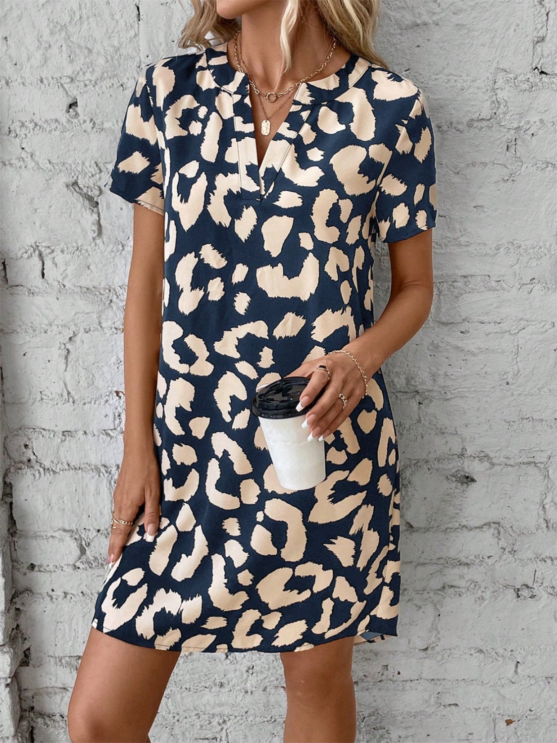 Printed Notched Short Sleeve Mini Dress.
