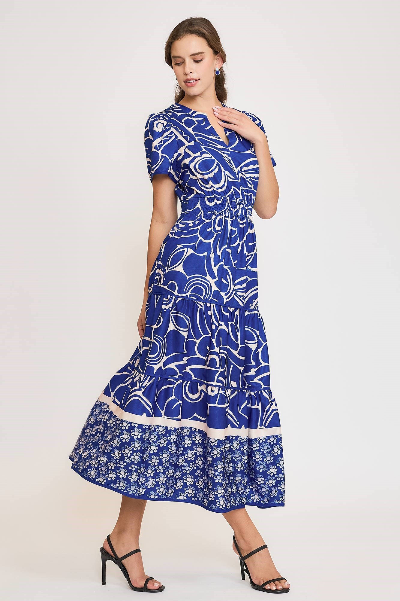 Umgee Full Size Printed Notched Short Sleeve Tiered Dress Plus Size.