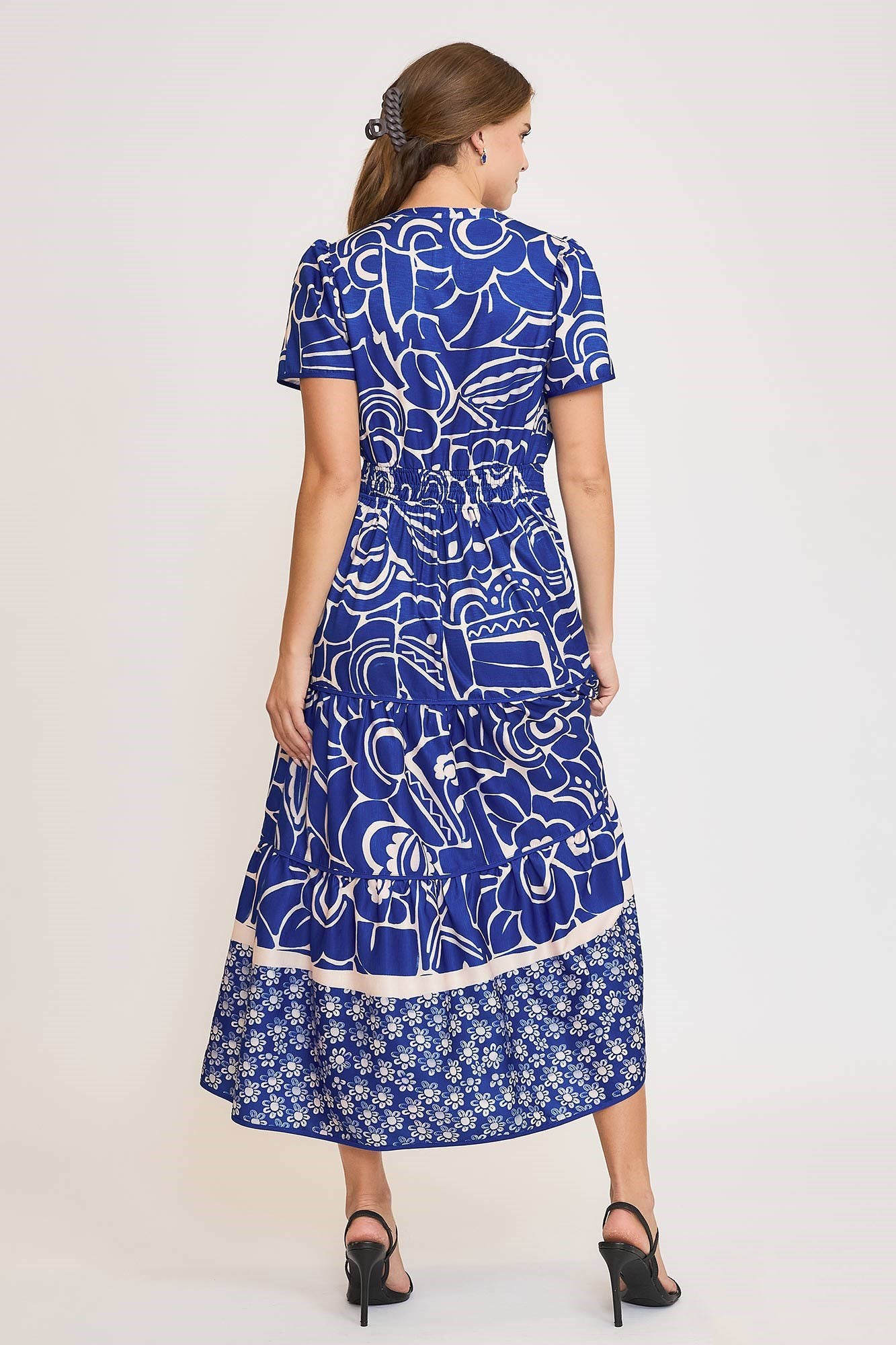 Umgee Full Size Printed Notched Short Sleeve Tiered Dress Plus Size.