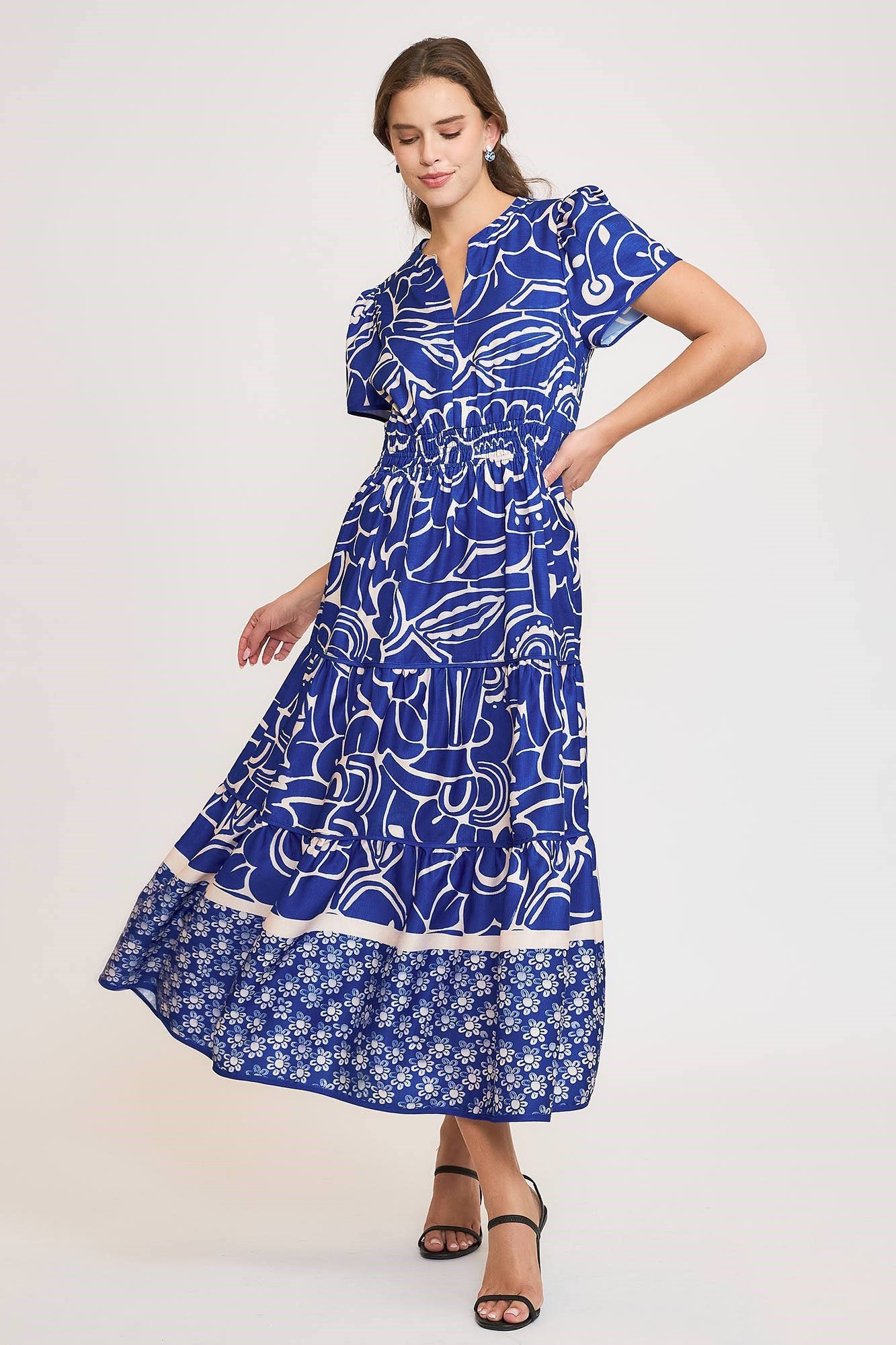 Umgee Full Size Printed Notched Short Sleeve Tiered Dress Plus Size.