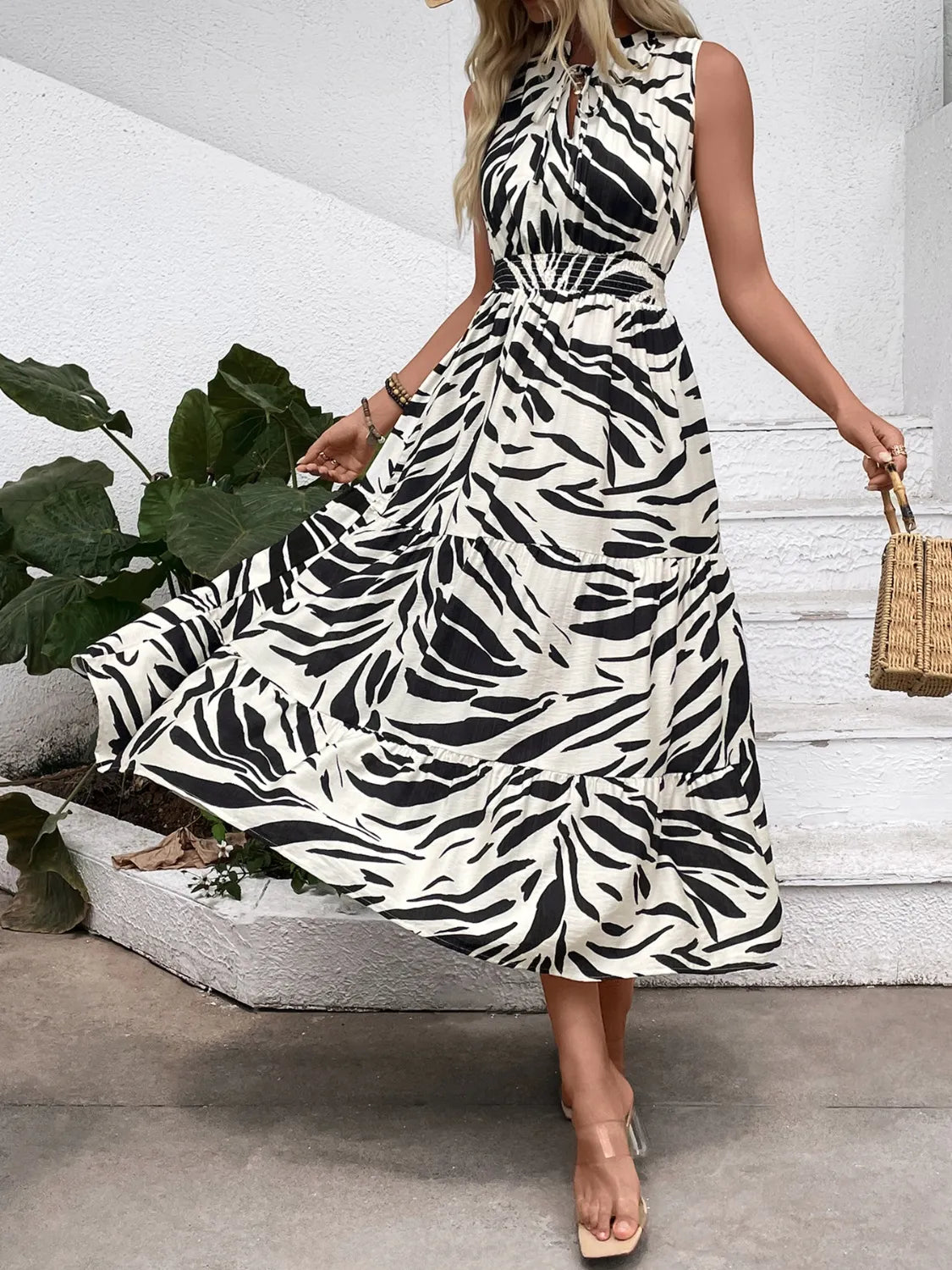 Printed Notched Sleeveless Midi Dress.