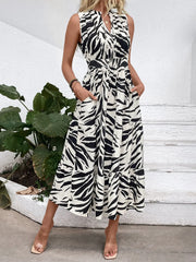 Printed Notched Sleeveless Midi Dress.