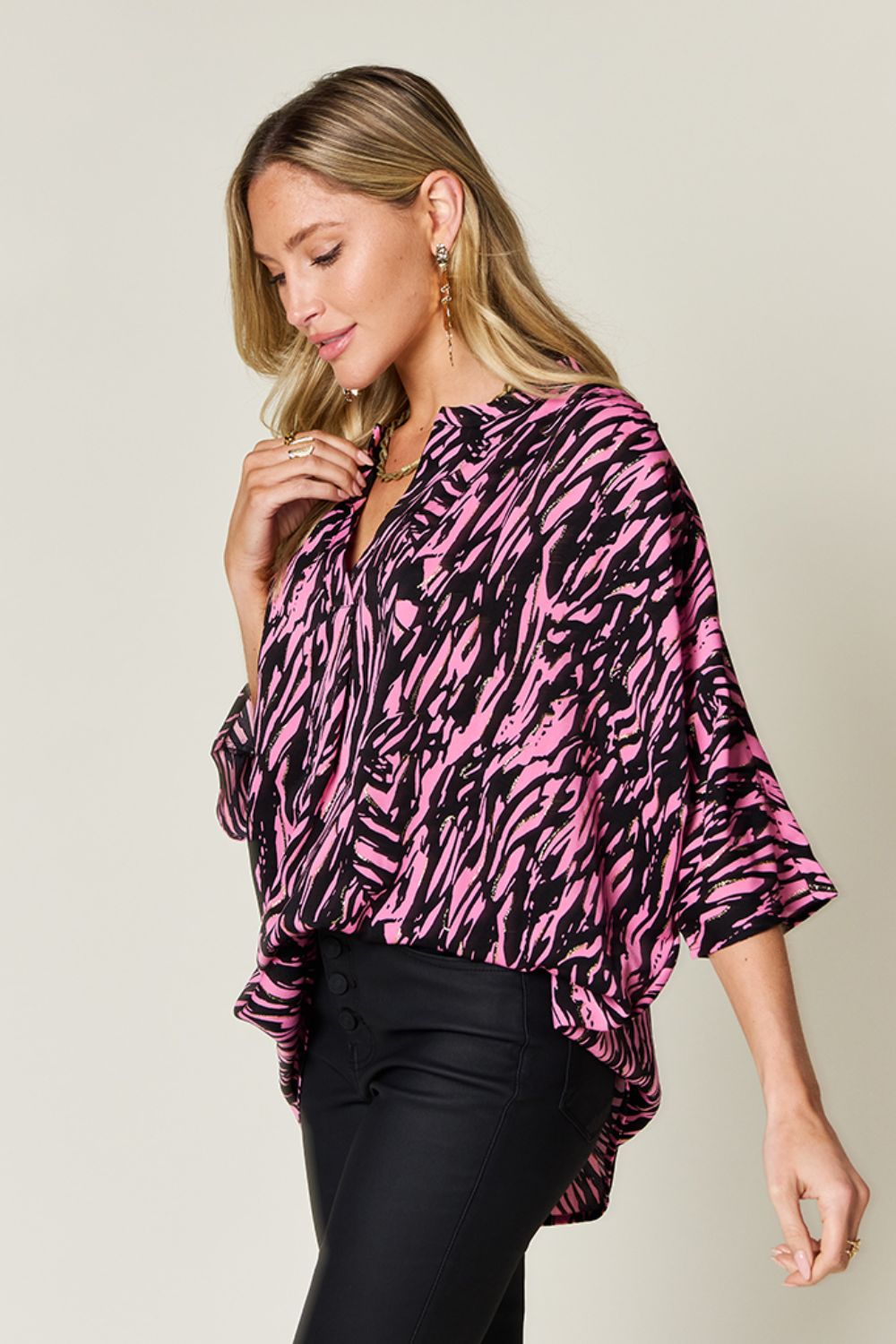 Double Take Full Size Printed Notched Three-Quarter Sleeve Blouse.