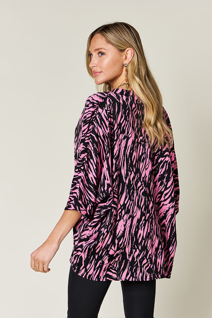 Double Take Full Size Printed Notched Three-Quarter Sleeve Blouse.