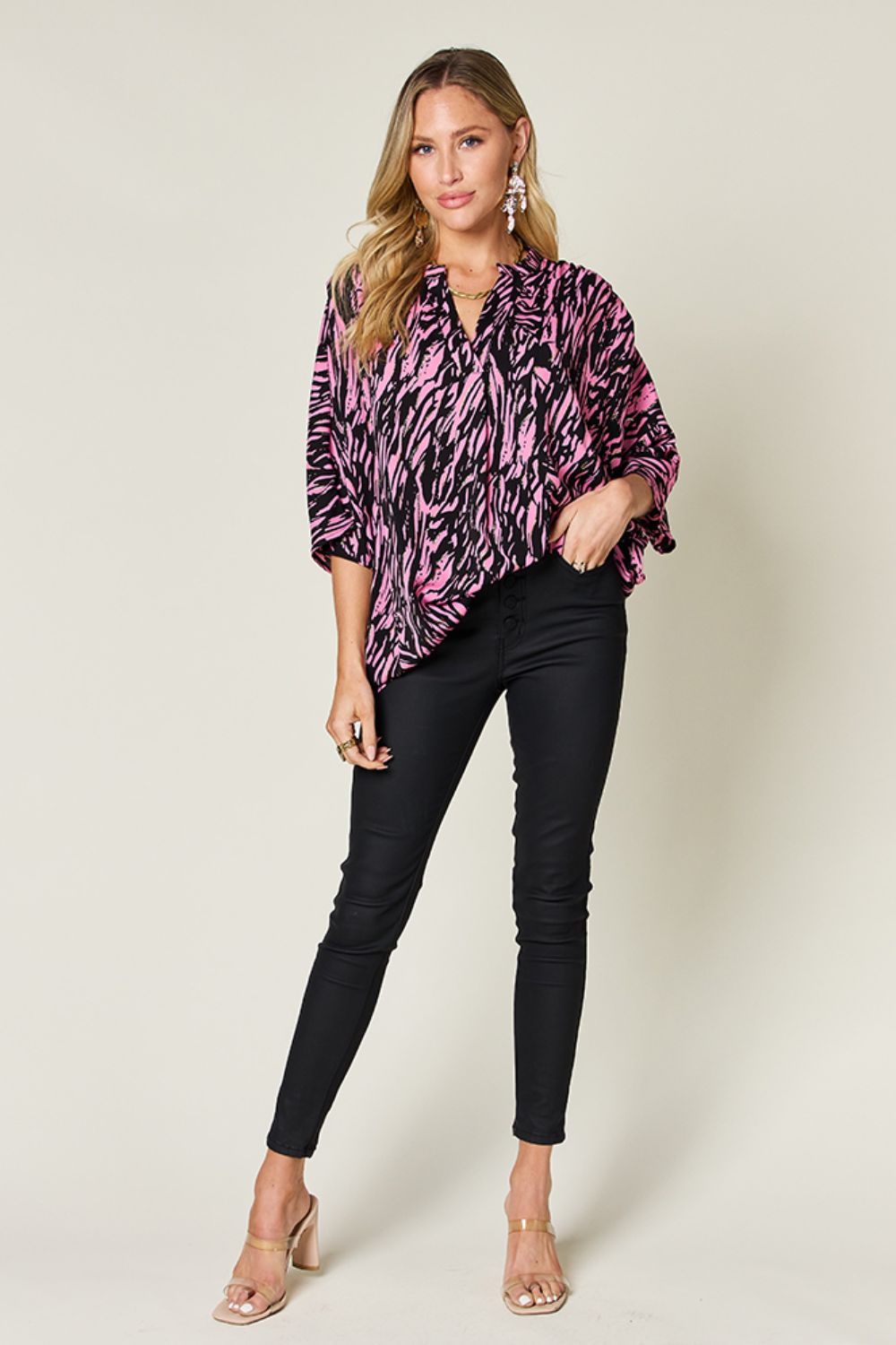 Double Take Full Size Printed Notched Three-Quarter Sleeve Blouse.