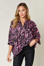 Double Take Full Size Printed Notched Three-Quarter Sleeve Blouse.