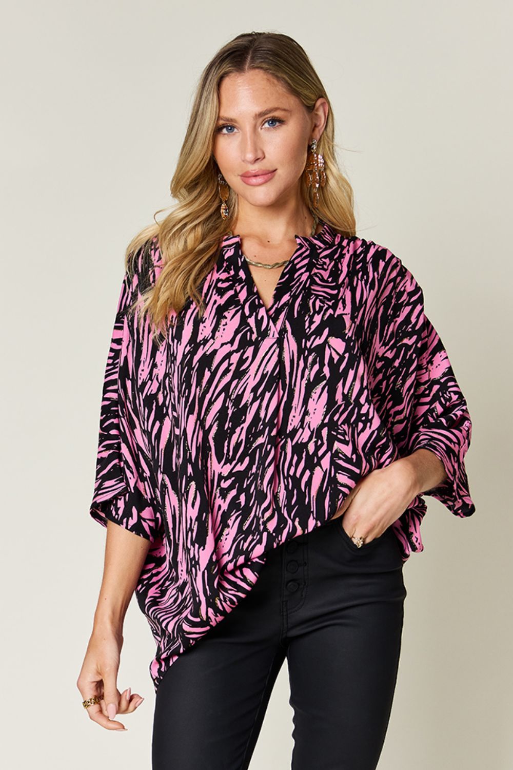 Double Take Full Size Printed Notched Three-Quarter Sleeve Blouse.