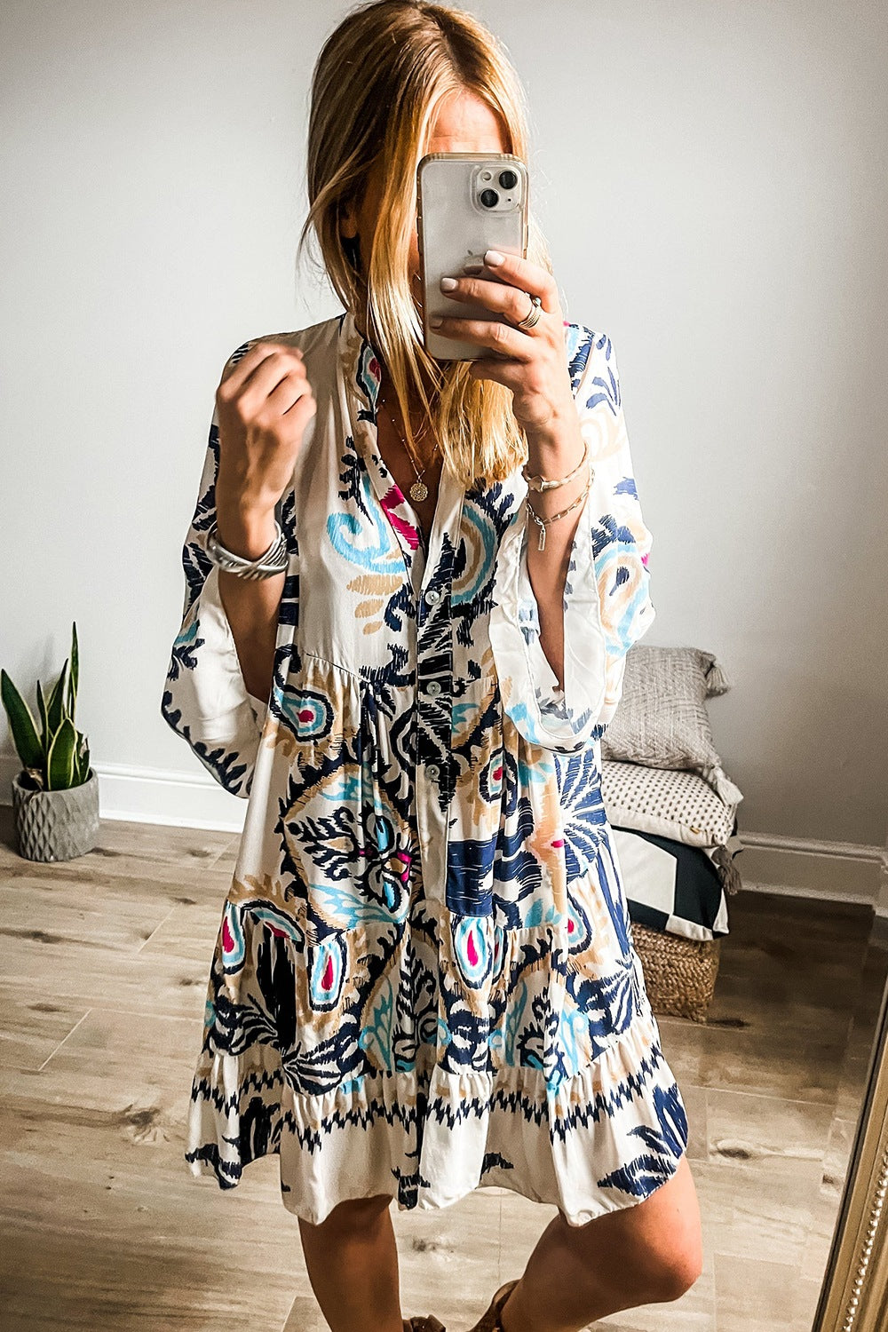 Printed Notched Three-Quarter Sleeve Mini Dress.