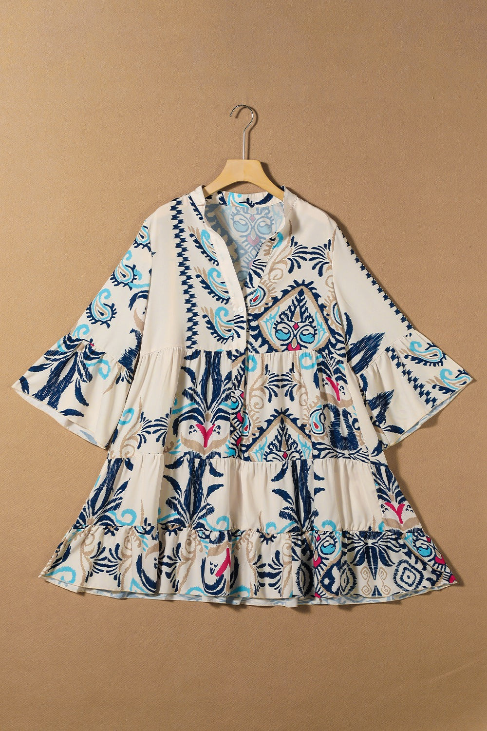 Printed Notched Three-Quarter Sleeve Mini Dress.