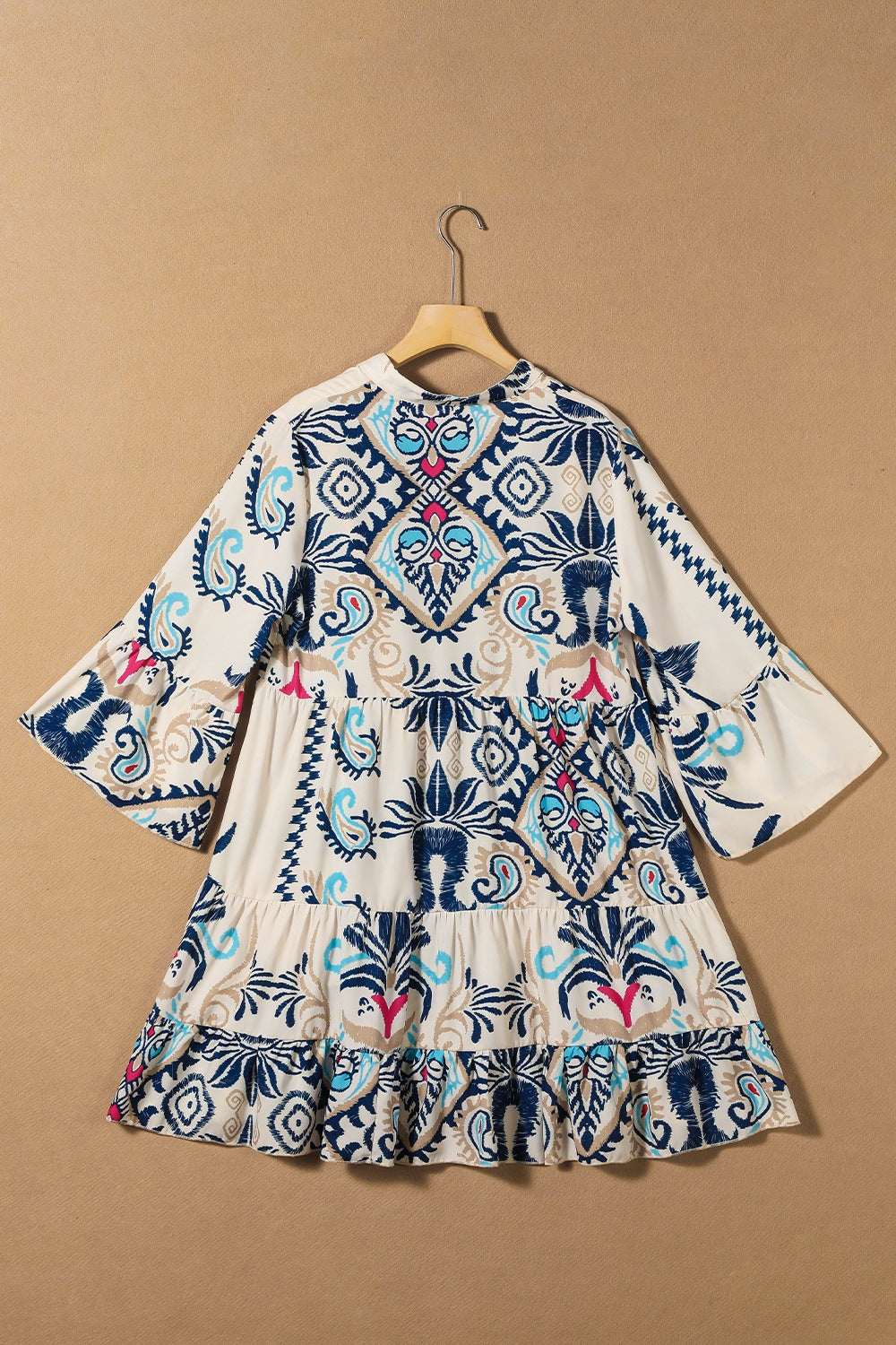 Printed Notched Three-Quarter Sleeve Mini Dress.