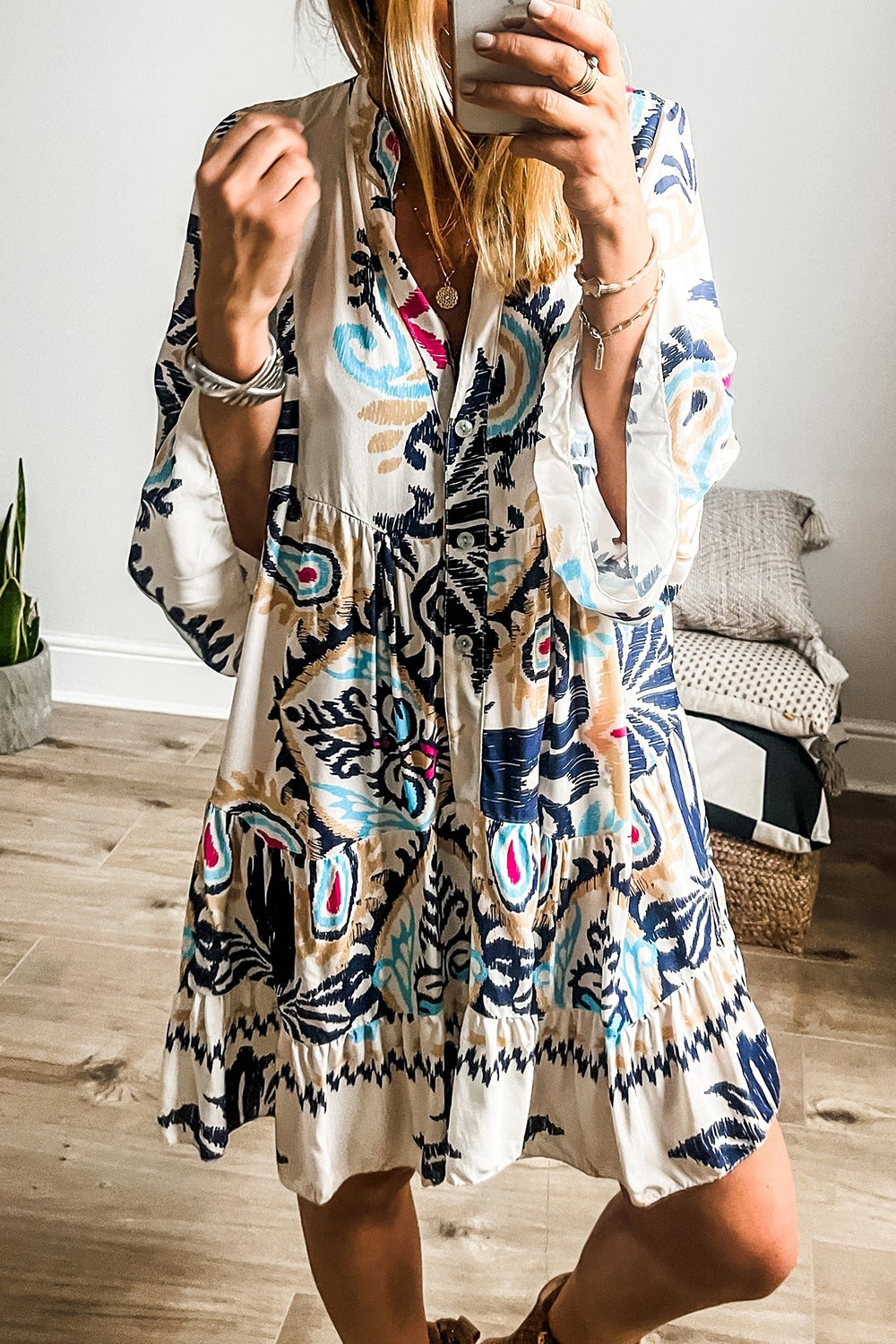 Printed Notched Three-Quarter Sleeve Mini Dress.