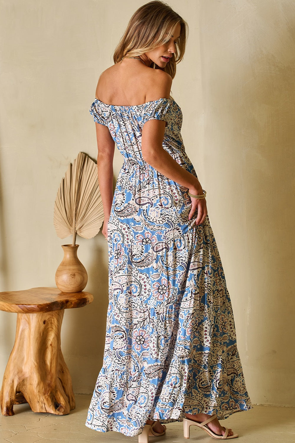 Printed Off-Shoulder Short Sleeve Dress.