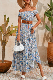 Printed Off-Shoulder Short Sleeve Dress.