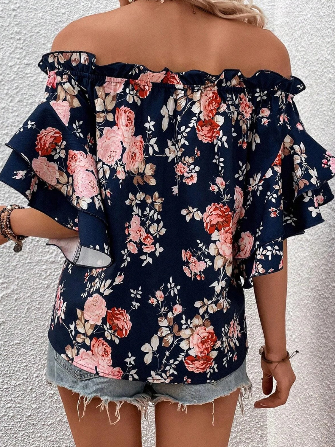 Printed Off-Shoulder Flounce Sleeve Blouse with Frill.