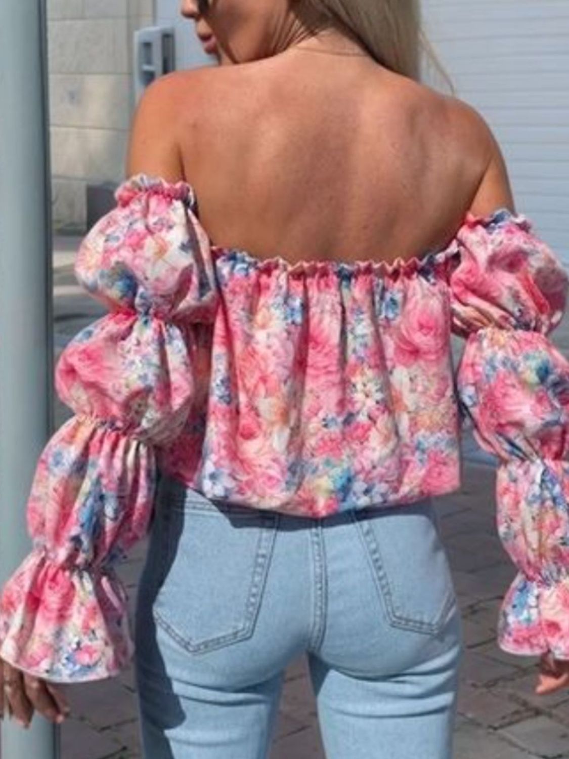 Printed Off-Shoulder Flounce Sleeve Blouse with Frill and Ruffled.