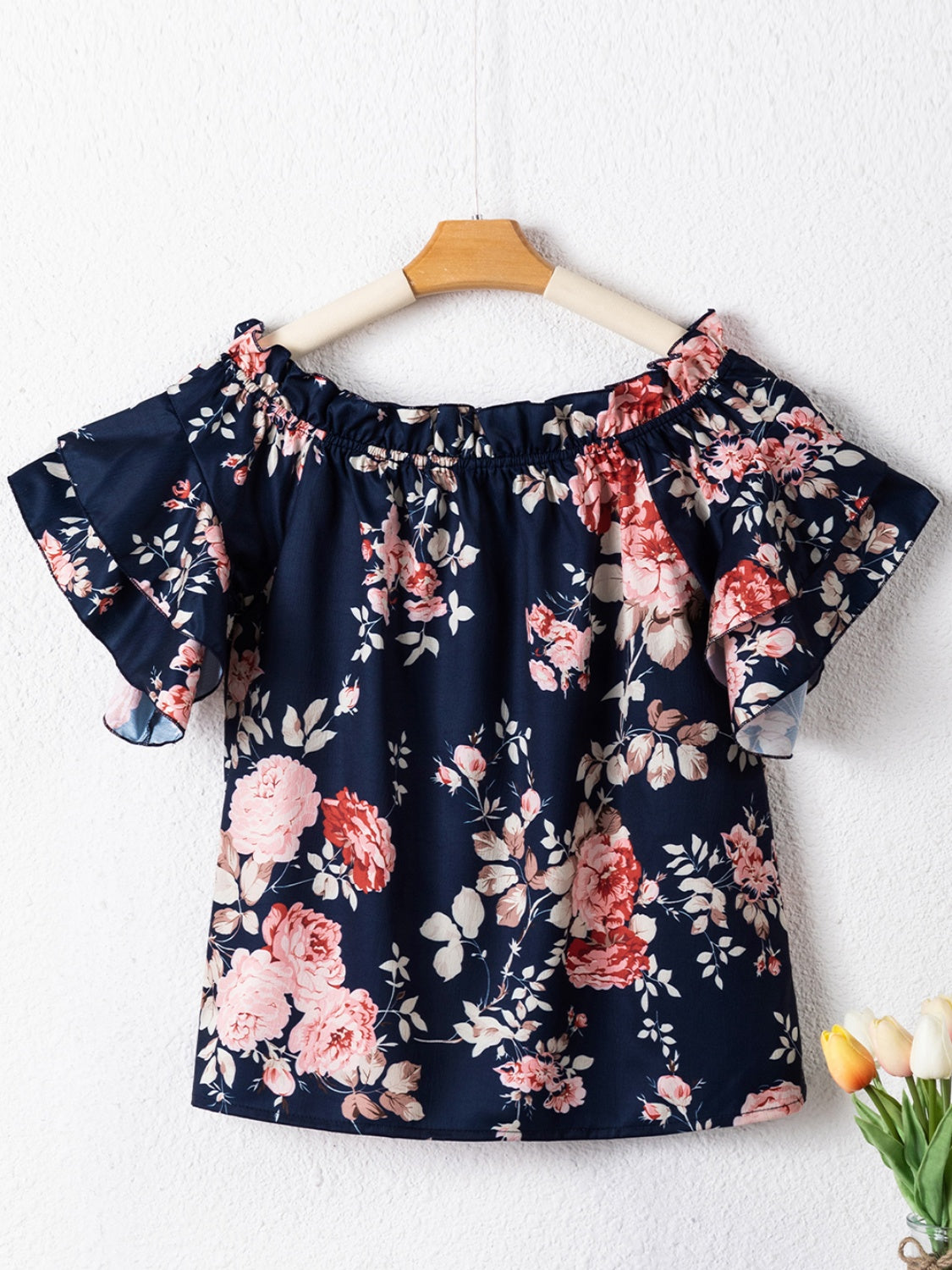 Printed Off-Shoulder Flounce Sleeve Blouse with Frill.
