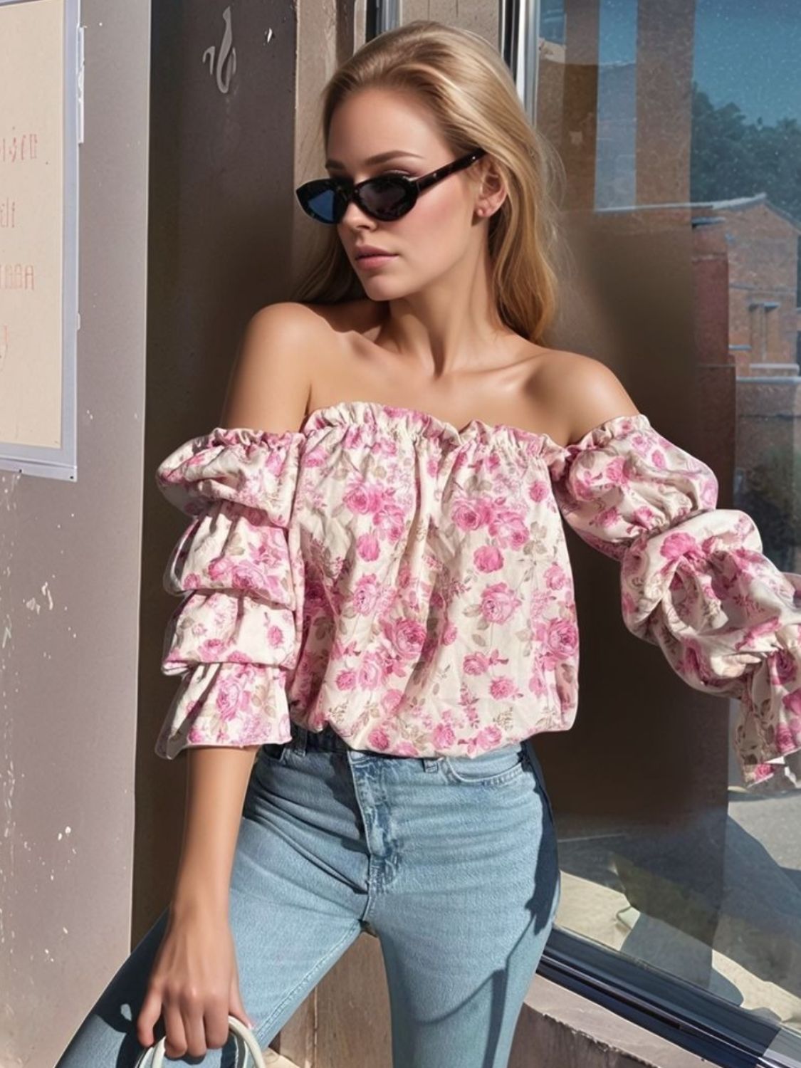 Printed Off-Shoulder Flounce Sleeve Blouse with Frill and Ruffled.