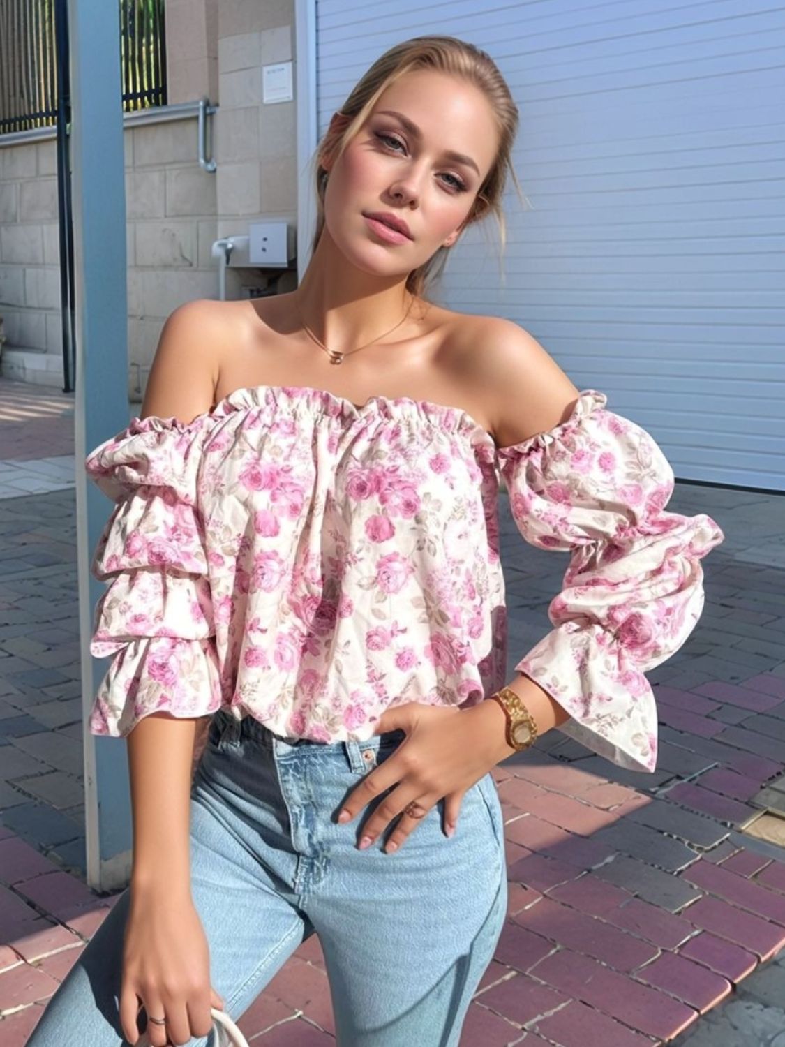 Printed Off-Shoulder Flounce Sleeve Blouse with Frill and Ruffled.
