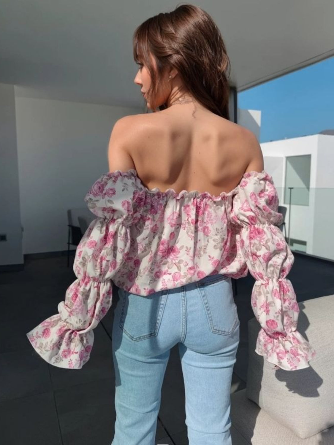 Printed Off-Shoulder Flounce Sleeve Blouse with Frill and Ruffled.